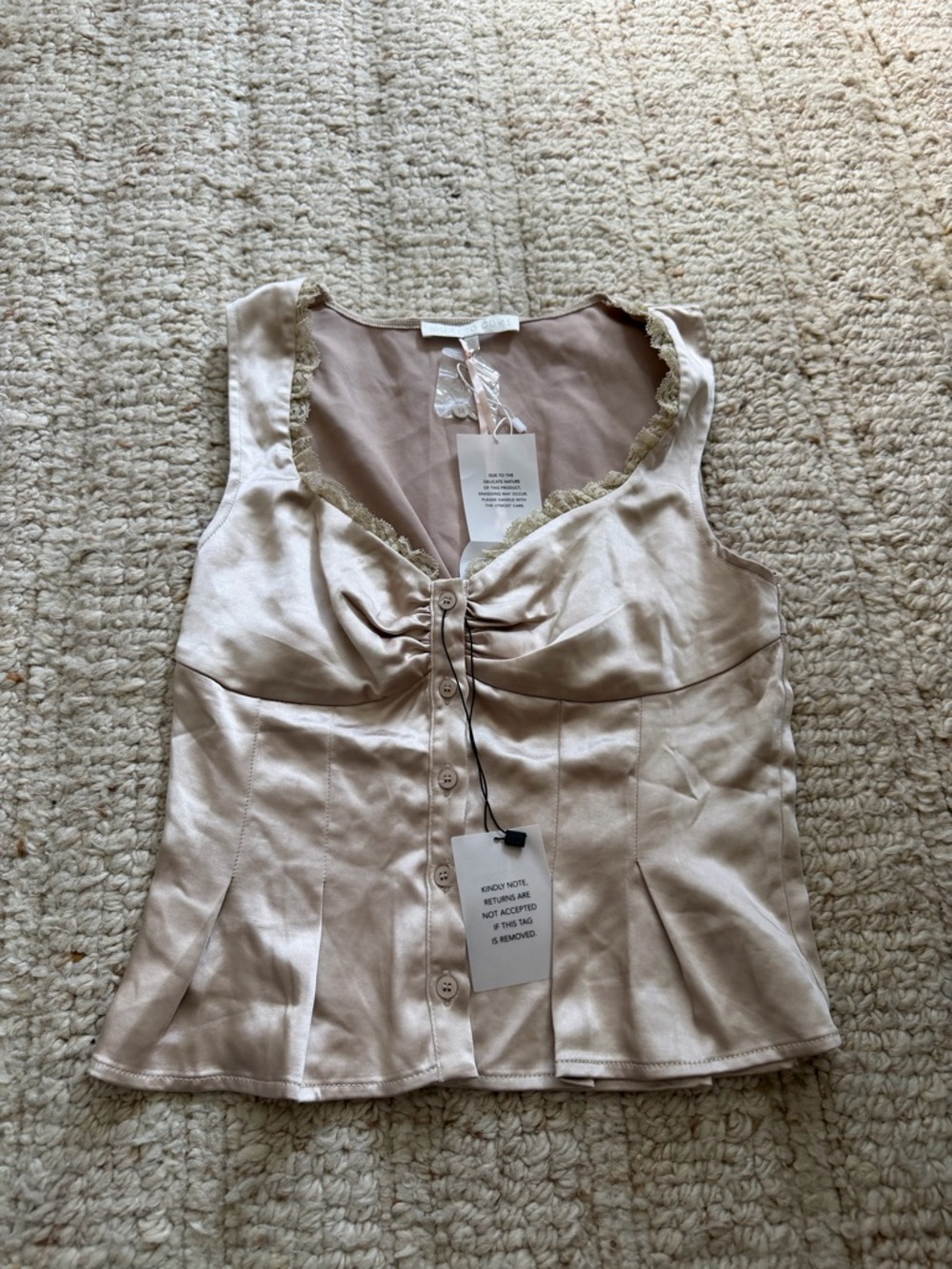Satin Cream Button-Front Lace-Trim Camisole